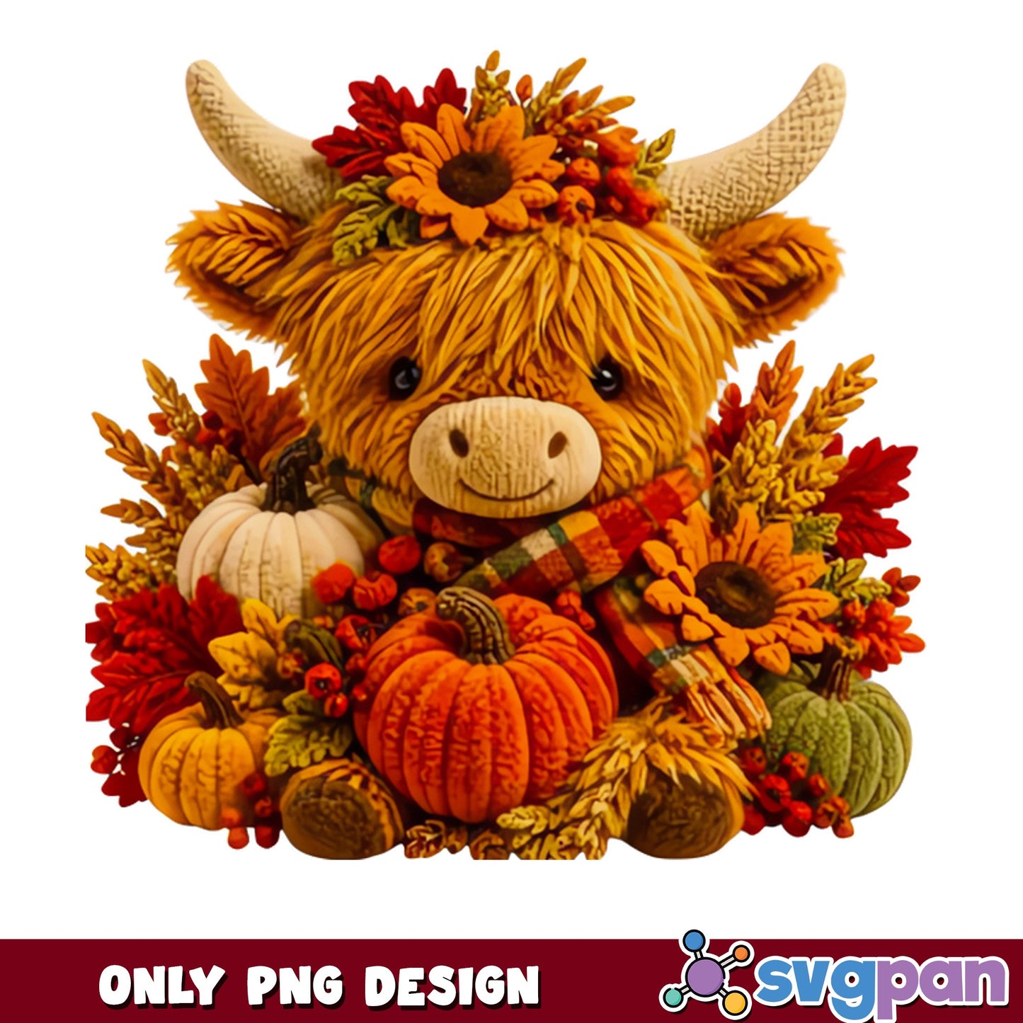 Fall Highland Cow PNG, Cute Autumn Pumpkin Cow, Highland Cow PNG