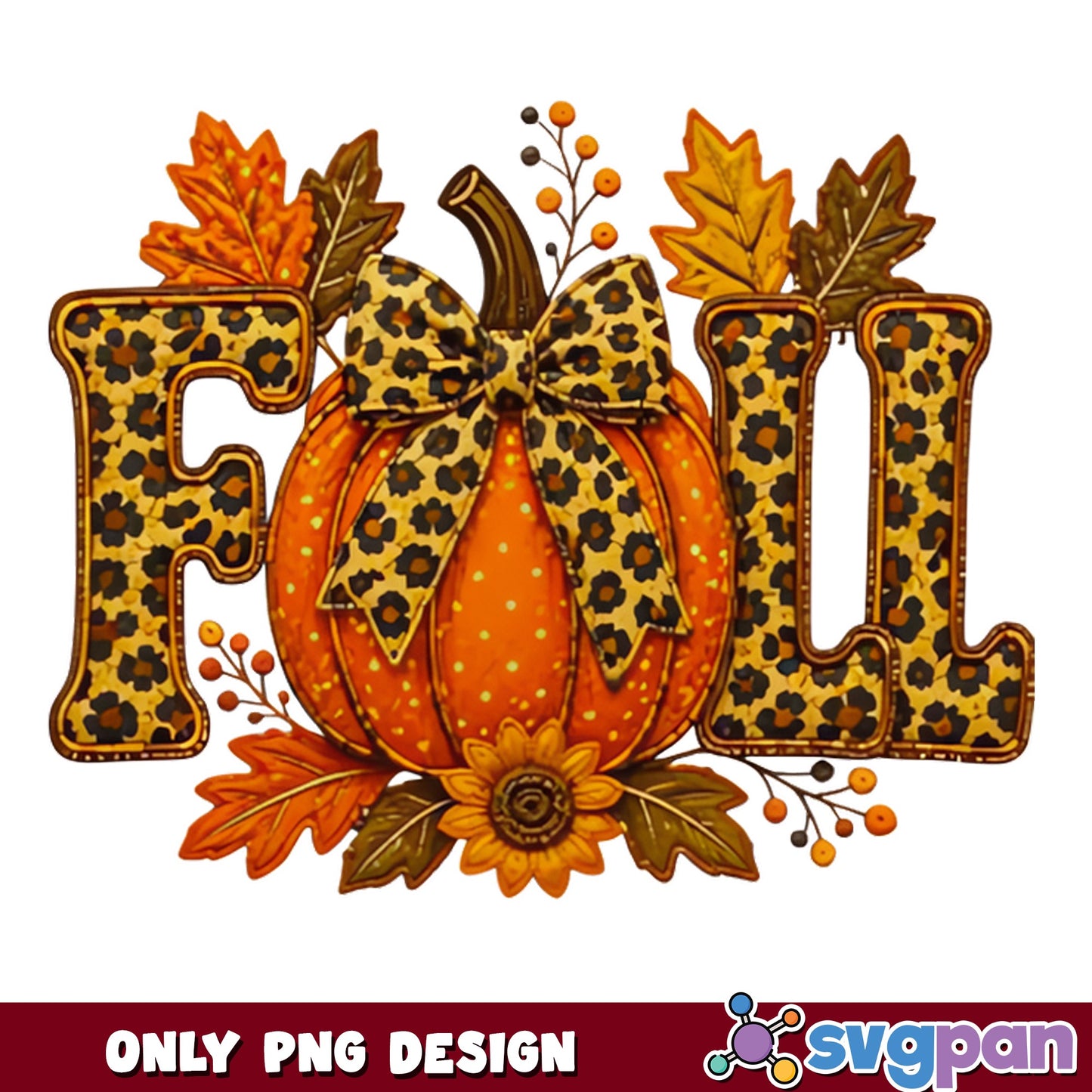 Fall Leopard Pumpkin PNG, Autumn Sunflower Bow PNG, Fall PNG
