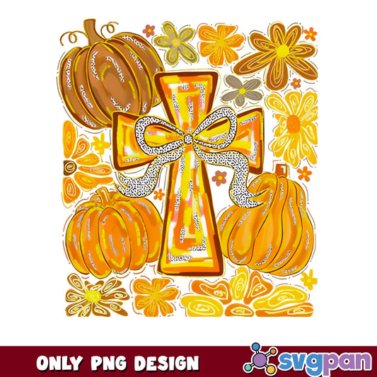 Fall Pumpkin Cross With Bow PNG, Thanksgiving PNG, Autumn PNG