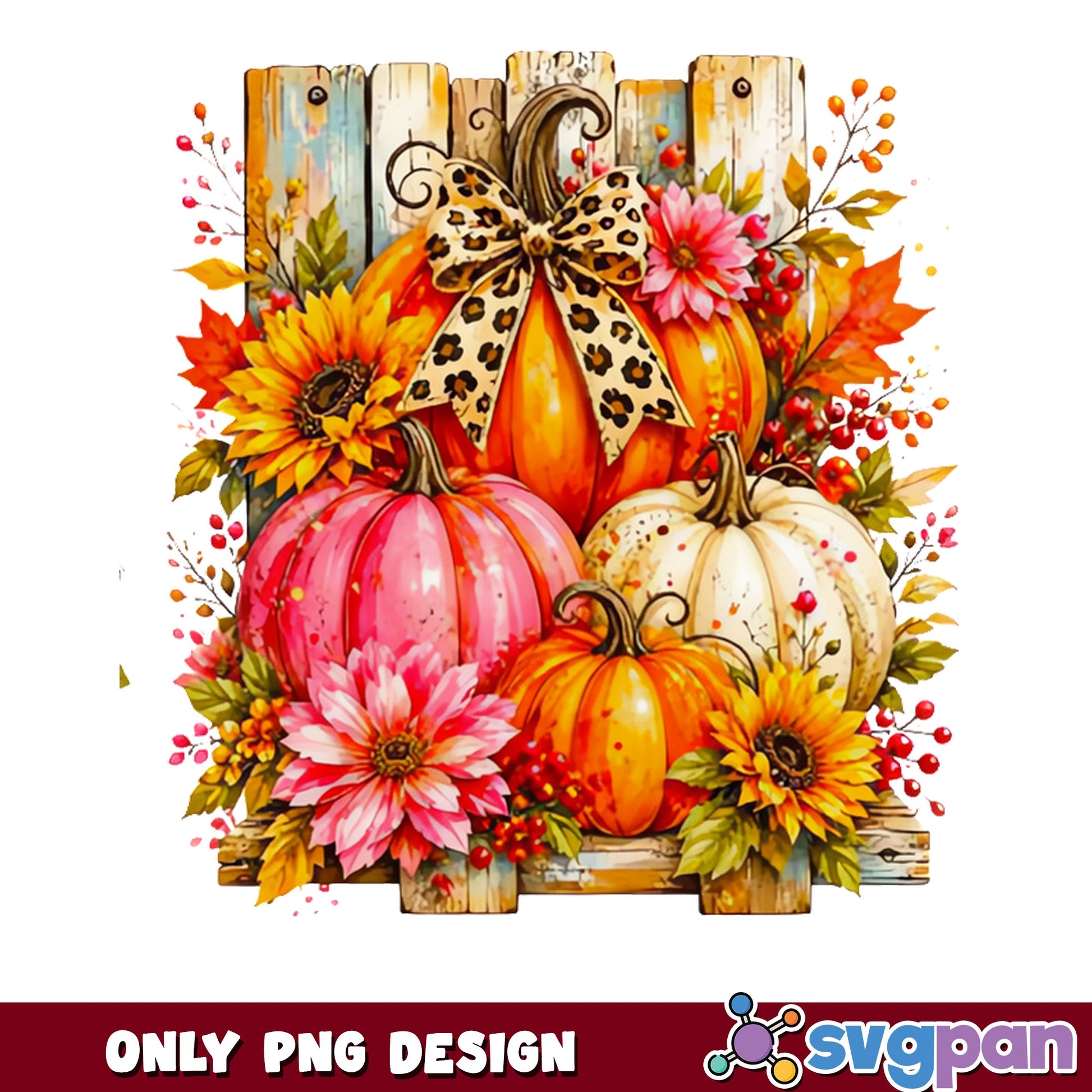 Fall Pumpkin Leopard Bow PNG, Autumn Floral Pumpkin PNG, Thanksgiving PNG