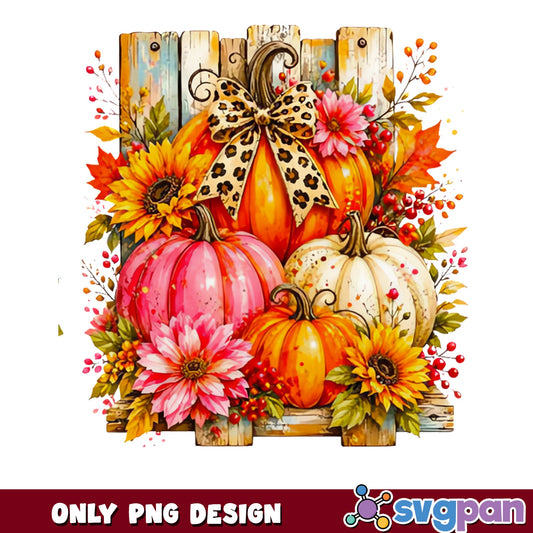 Fall Pumpkin Leopard Bow PNG, Autumn Floral Pumpkin PNG, Thanksgiving PNG