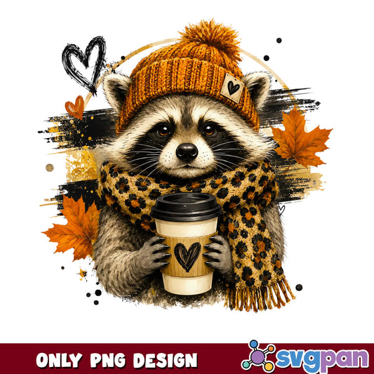 Fall Raccoon With Coffee PNG, Autumn Leopard Scarf Raccoon, PNG Design