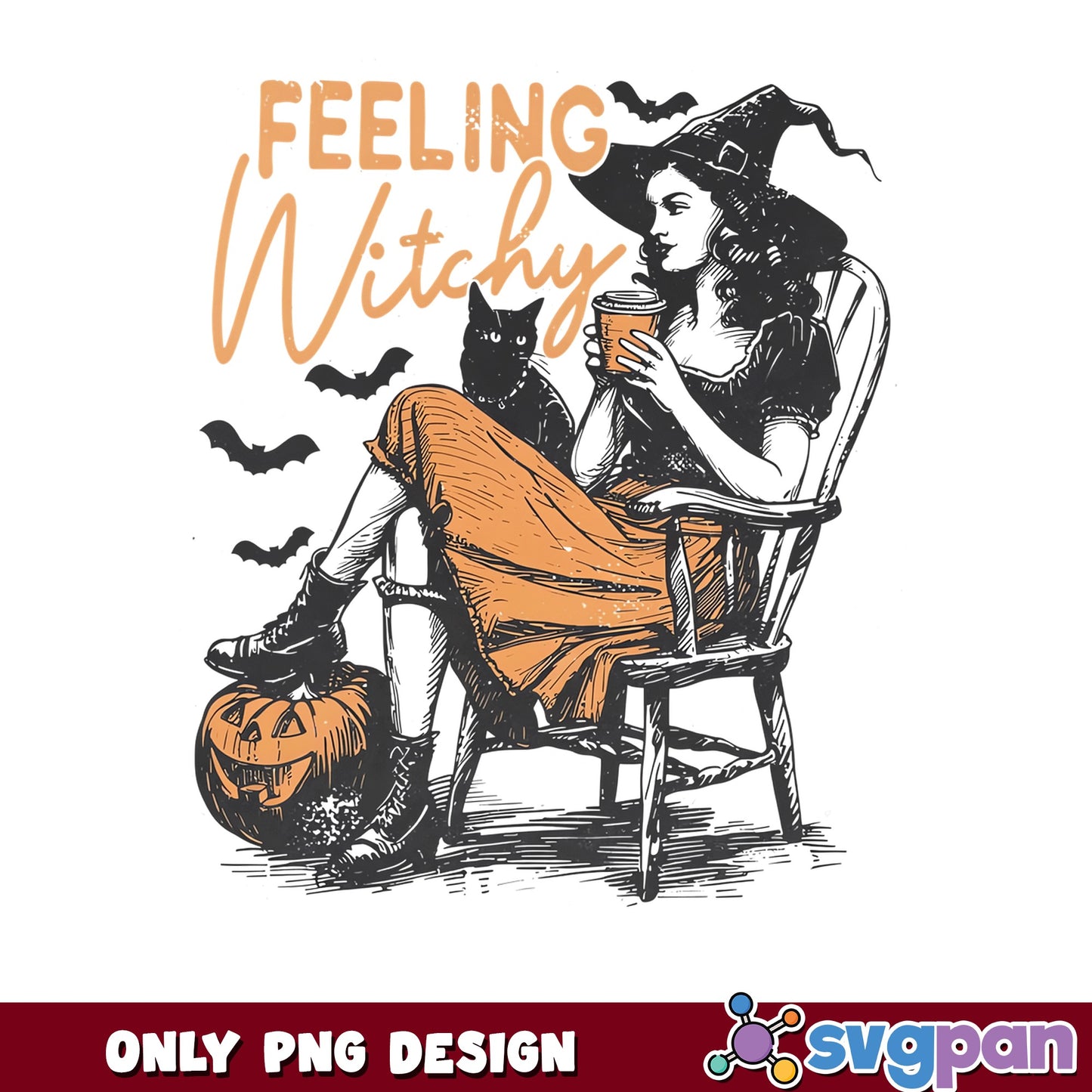 Feeling Witchy Halloween PNG, Witch With Black Cat PNG, Spooky PNG