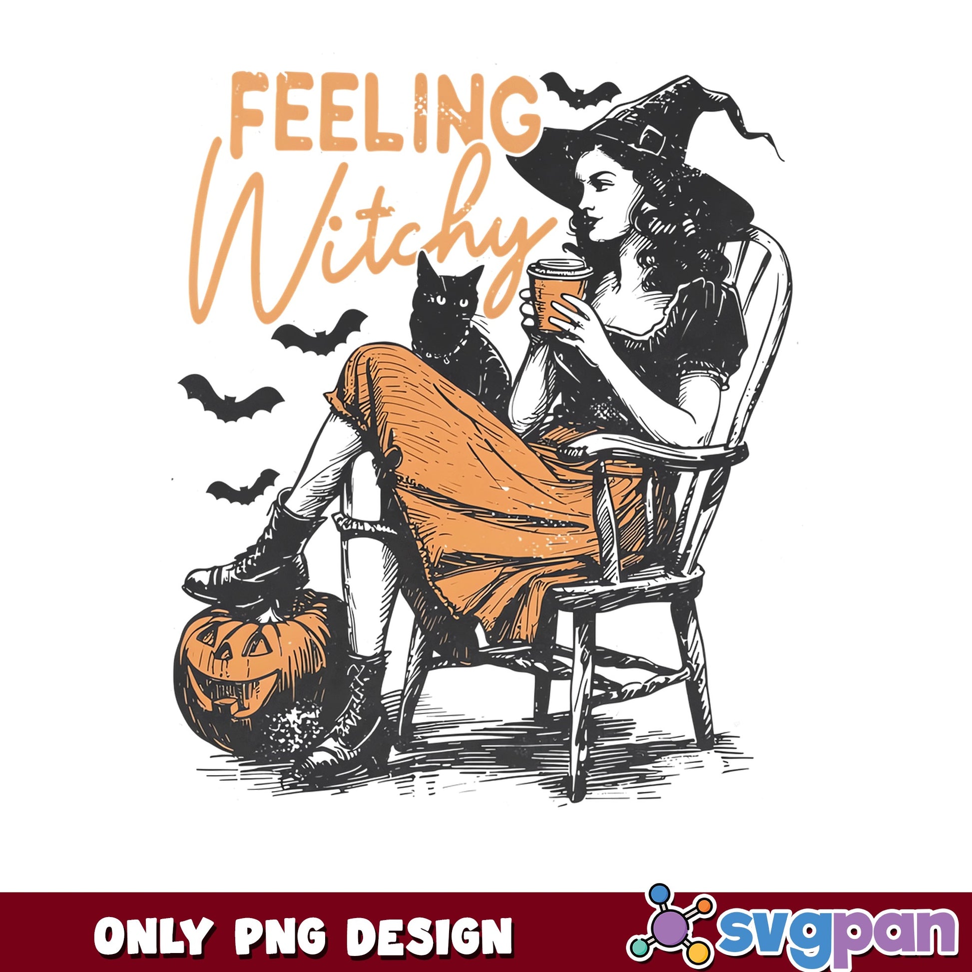 Feeling Witchy Halloween PNG, Witch With Black Cat PNG, Spooky PNG