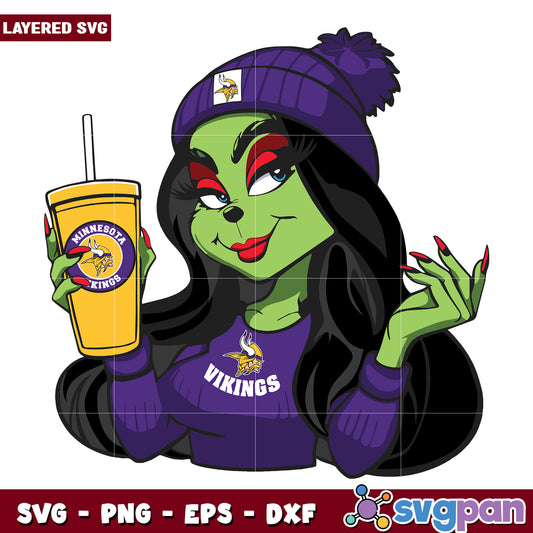 Female Grinch Minnesota Vikings Football Team svg, christmas music​ svg, disney svg