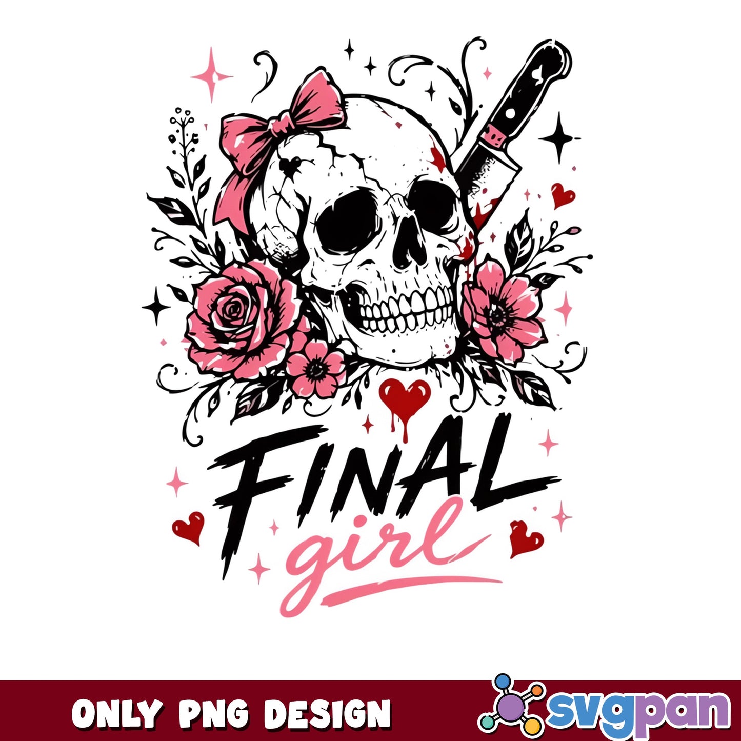 Final Girl Skull Floral PNG, Horror Halloween PNG, Skull Bow PNG