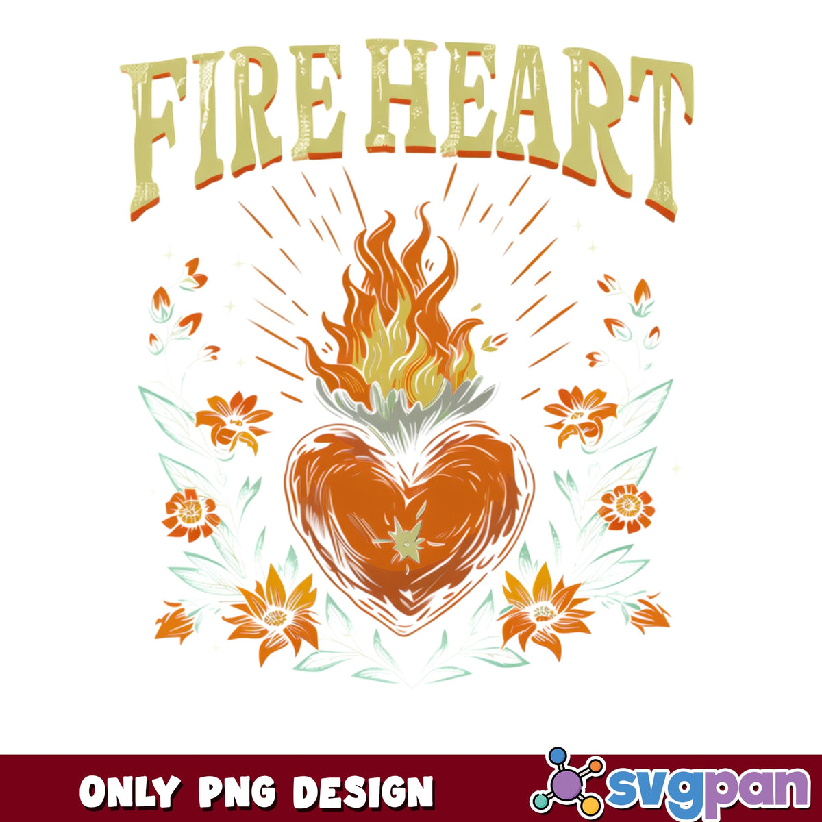 Fire Heart Floral PNG, Sacred Heart Flame PNG, Boho Heart PNG