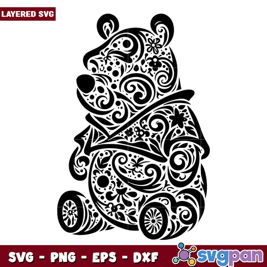 Floral Bear SVG Design Black and White Ornament