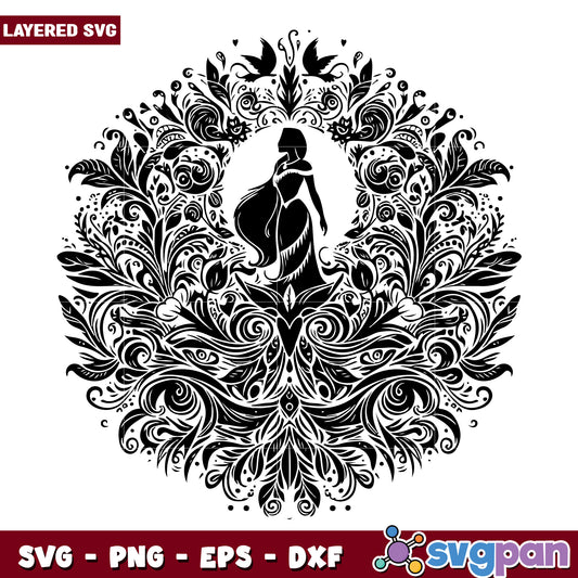 Floral Mandala with Princess Silhouette SVG