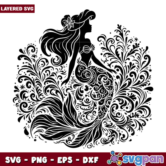 Floral Mermaid SVG Silhouette Design