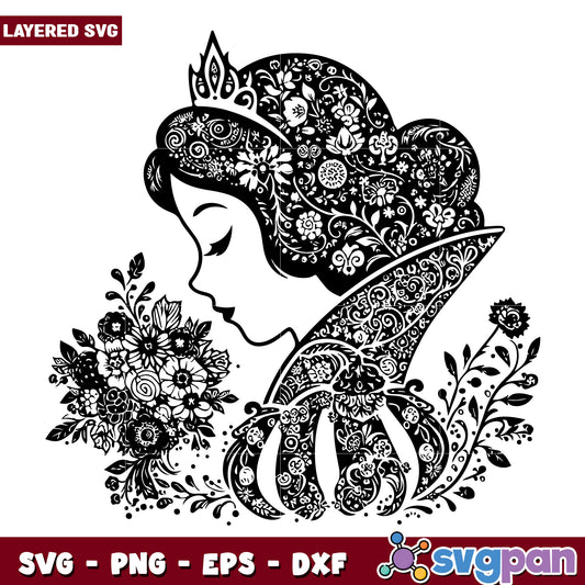 Floral Princess SVG Design Black and White