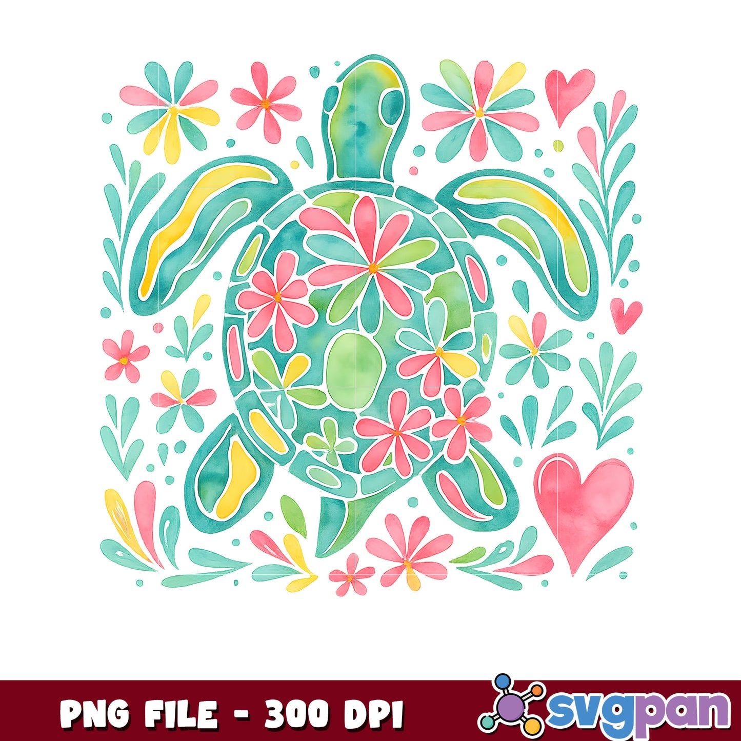 Floral Turtle PNG 300 DPI Watercolor Design