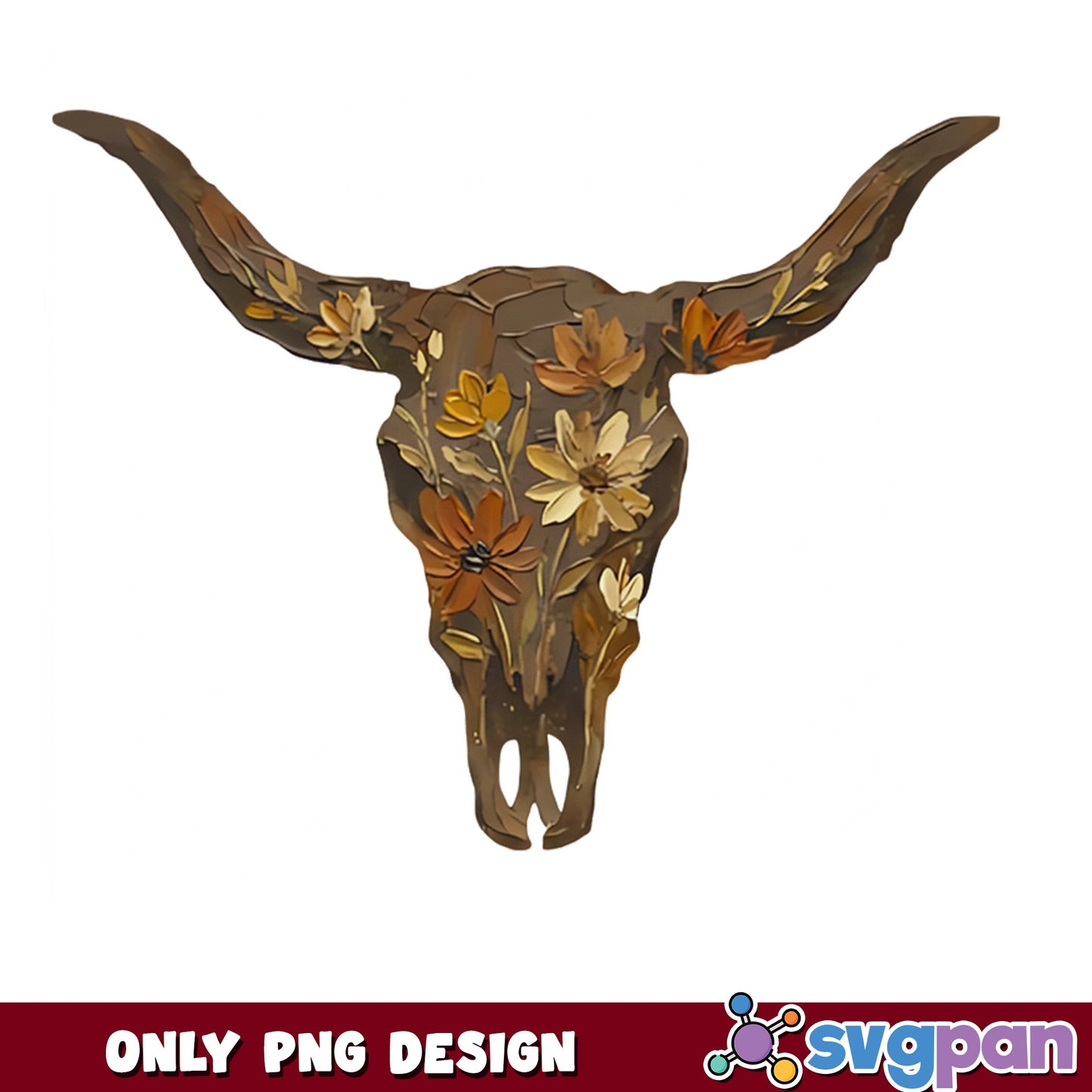Floral Bull Skull PNG, Western Longhorn Skull PNG, Boho Cow Skull PNG