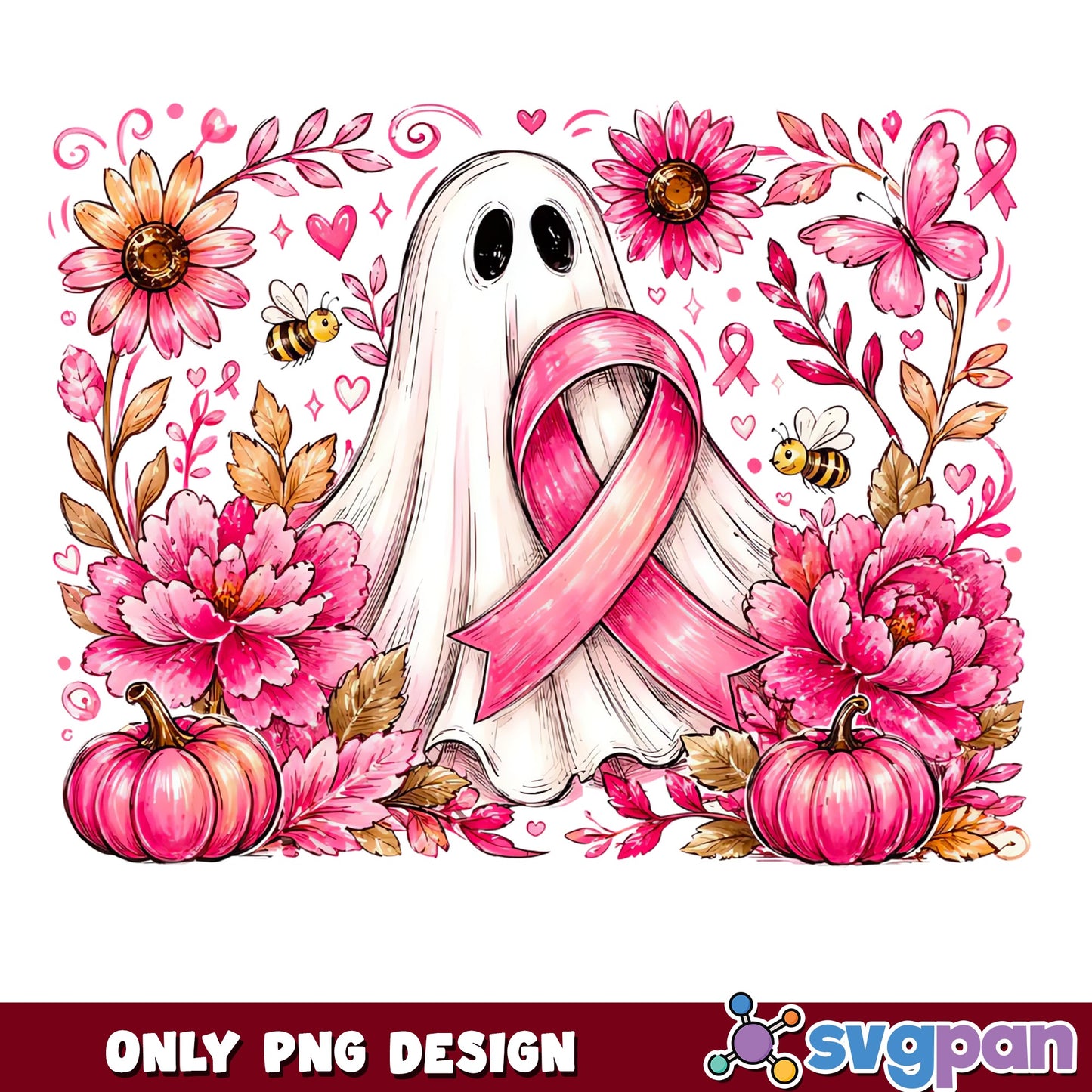 Floral Ghost Pink Ribbon PNG, Breast Cancer Halloween PNG, Cute Ghost PNG