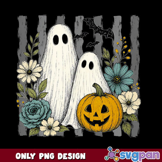 Floral Ghost Pumpkin Halloween PNG, Spooky Ghost PNG, Halloween PNG