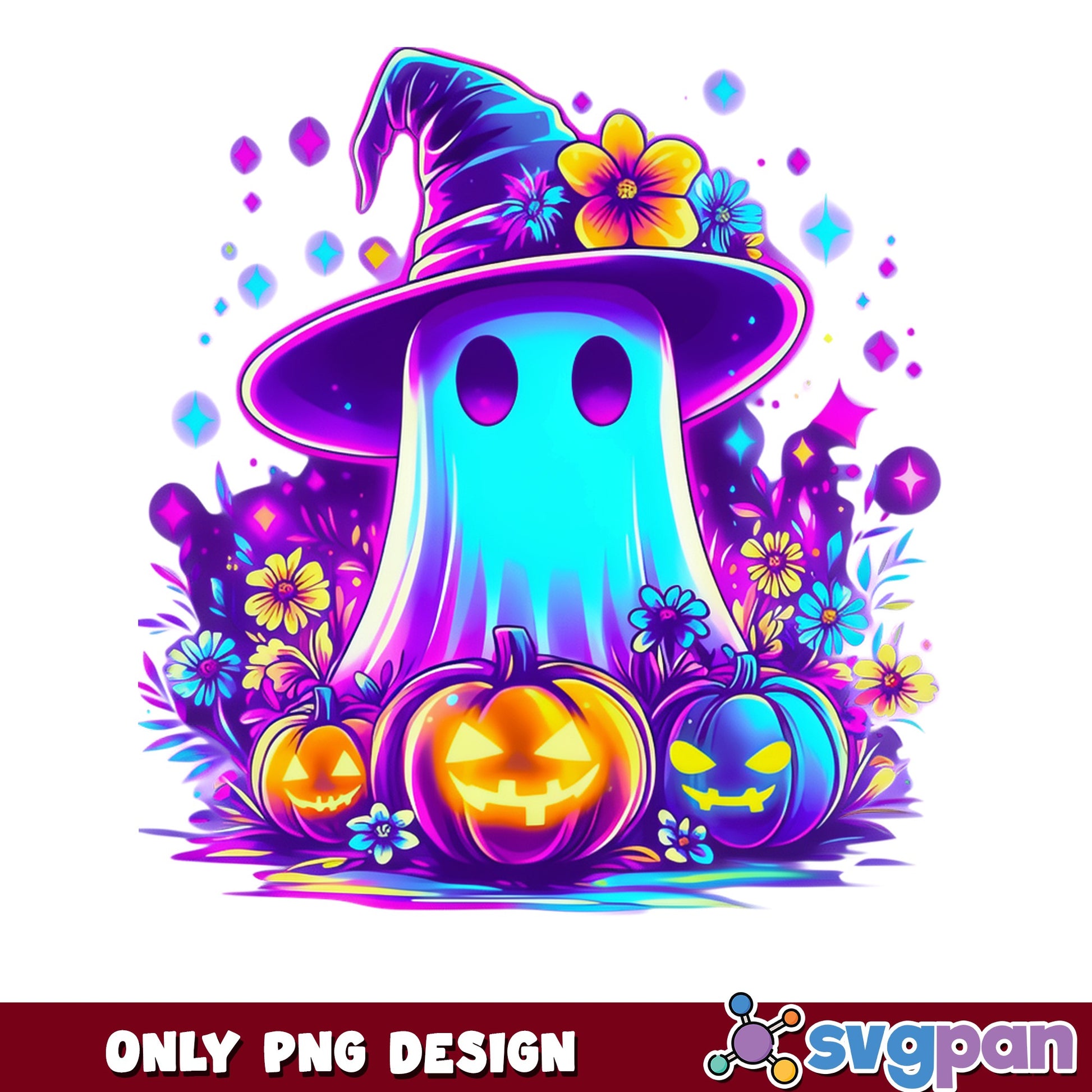 Floral Ghost Witch Hat Halloween PNG, Cute Ghost PNG, Pumpkin PNG