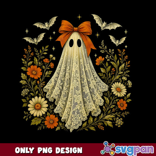 Floral Ghost With Bow Halloween PNG, Coquette Ghost PNG, Spooky PNG