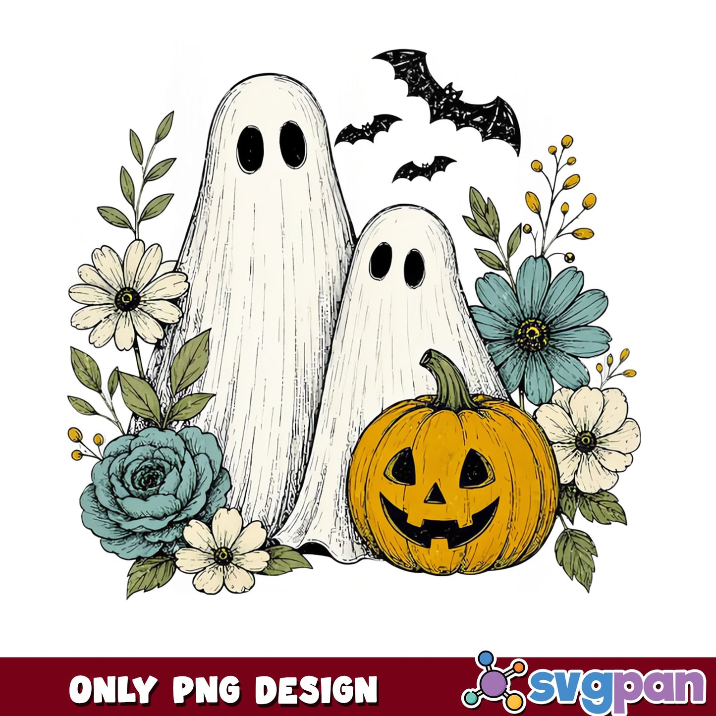 Floral Halloween Ghost PNG, Pumpkin Bat Witch PNG, Spooky PNG