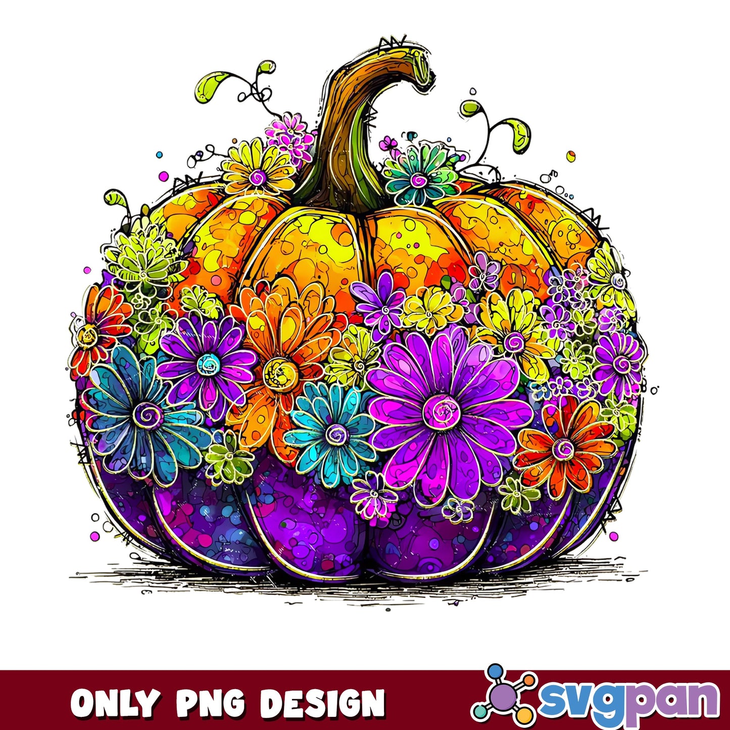 Floral Pumpkin PNG, Colorful Halloween Pumpkin PNG, Fall PNG