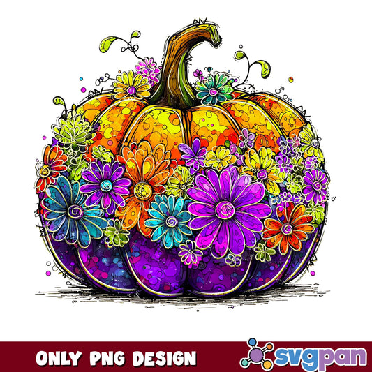 Floral Pumpkin PNG, Colorful Halloween Pumpkin PNG, Fall PNG