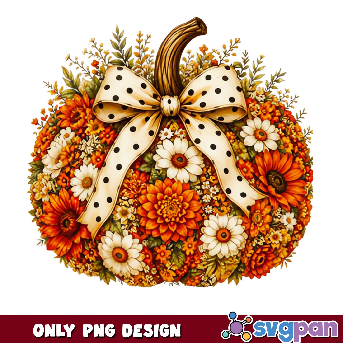 Floral Pumpkin With Bow PNG, Fall Autumn Pumpkin PNG, Thanksgiving PNG