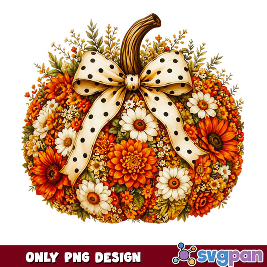 Floral Pumpkin With Bow PNG, Fall Autumn Pumpkin PNG, Thanksgiving PNG