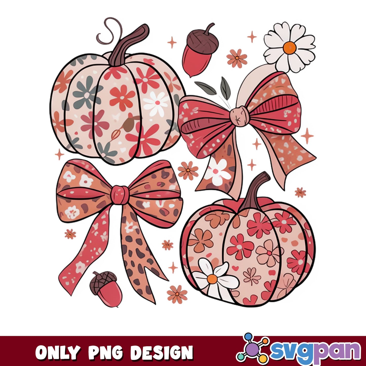 Floral Pumpkin With Coquette Bow PNG, Fall Halloween PNG, Autumn PNG