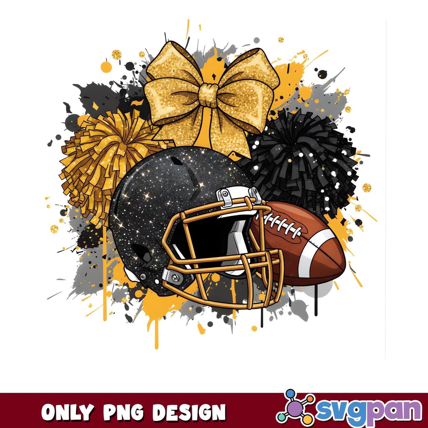 Football Helmet Cheerleader PNG, Black Gold Pom Pom PNG, Game Day PNG