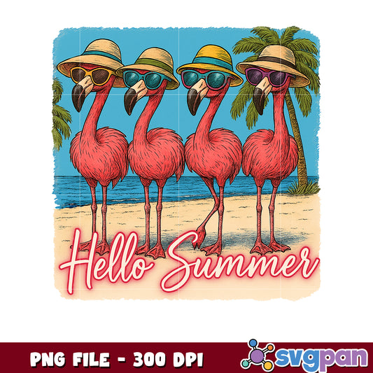 Four Flamingos Hello Summer PNG 300 DPI