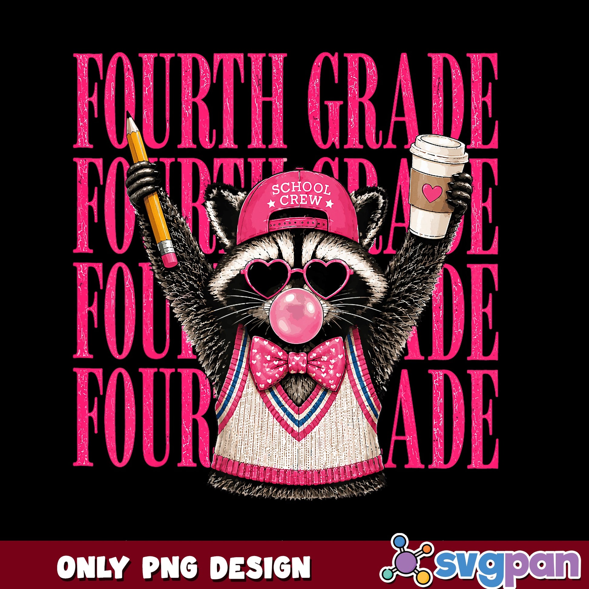 Fourth Grade Raccoon School Crew PNG, Back To School PNG, Teacher PNG
