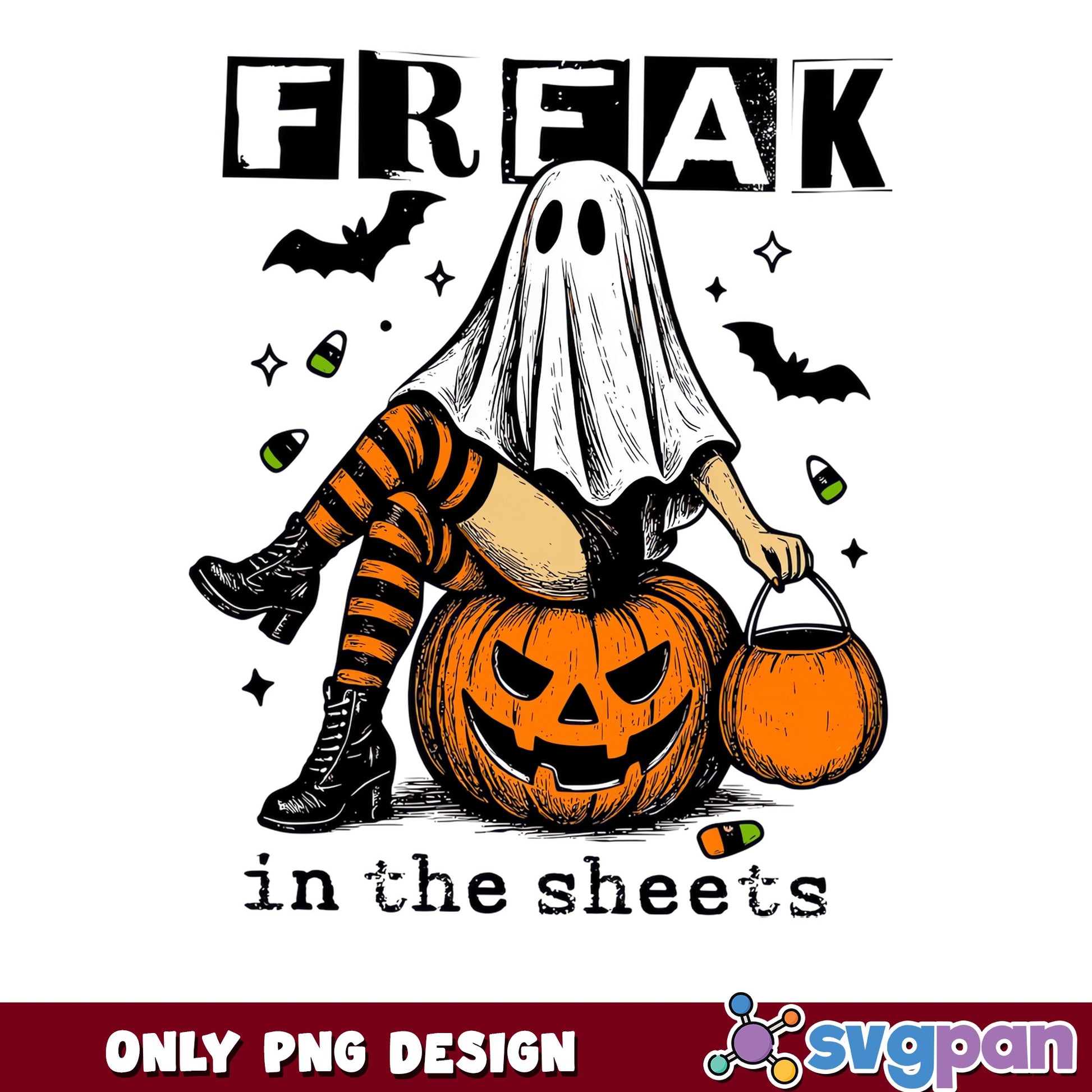 Freak In The Sheets Ghost Girl PNG, Halloween Ghost PNG, Spooky Pumpkin PNG