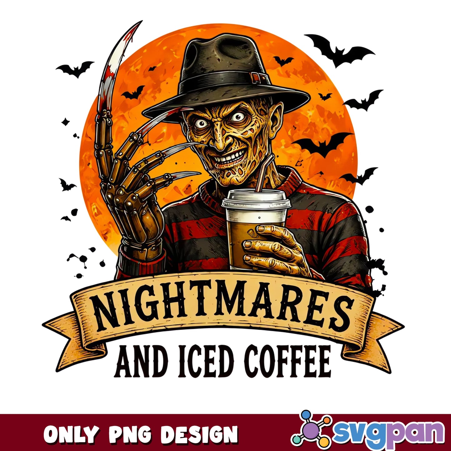 Freddy Krueger Nightmares And Iced Coffee, Halloween PNG, Horror PNG