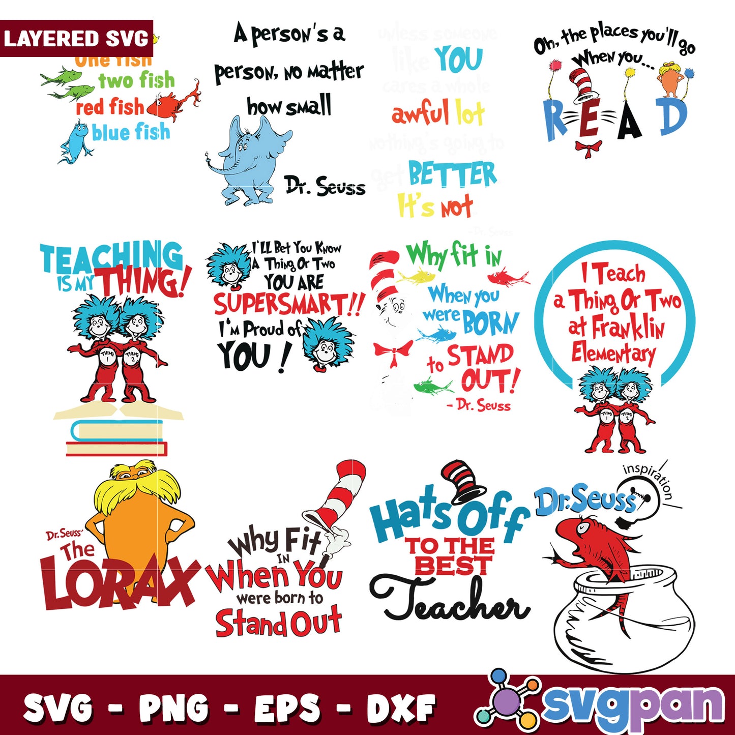 Fun Dr Seuss Inspired SVG Bundle for Teachers and Kids