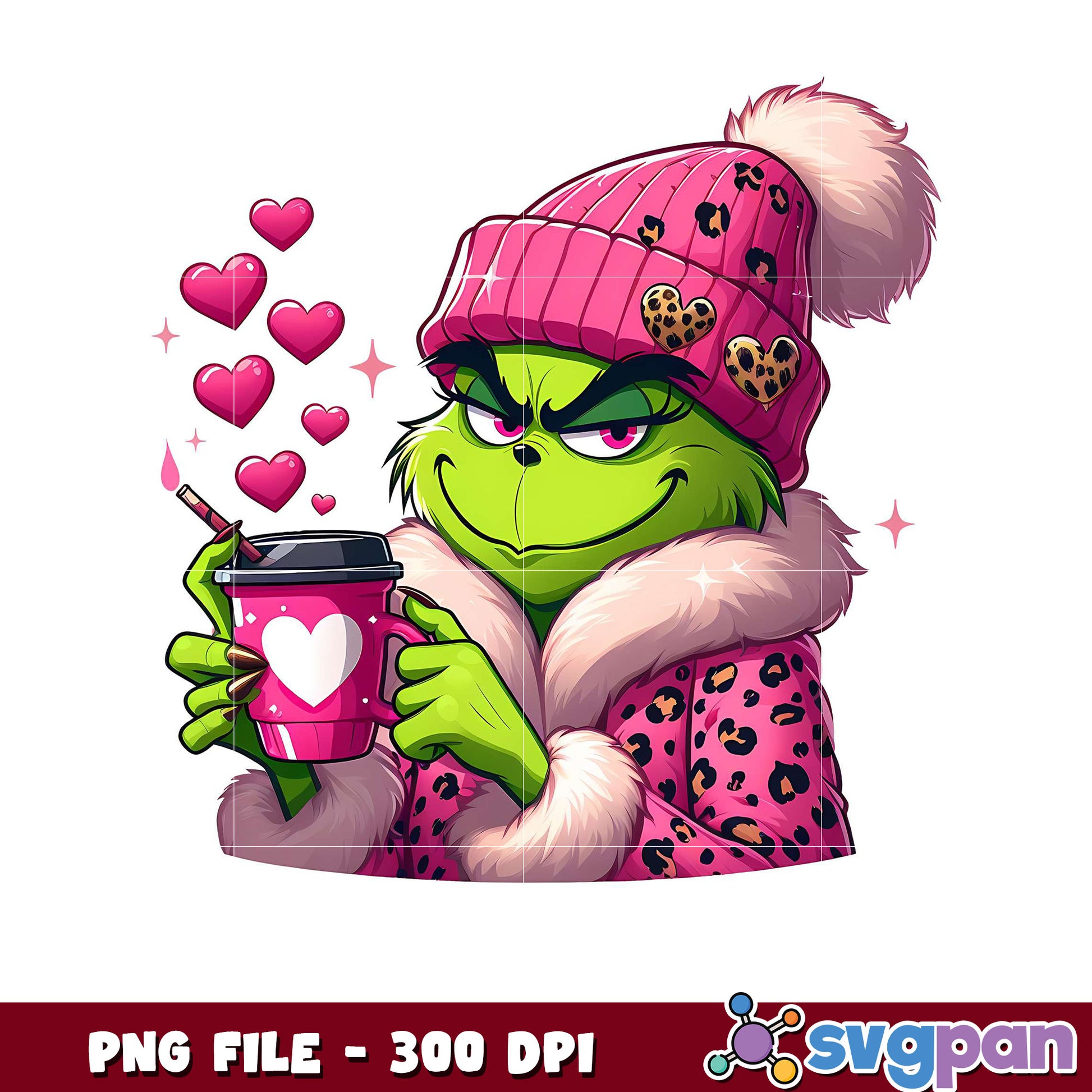 Funny Grinch character in pink outfit, perfect for gifts