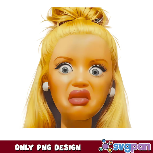 Funny Blonde Doll Face PNG, Shocked Doll Head PNG, Humor PNG