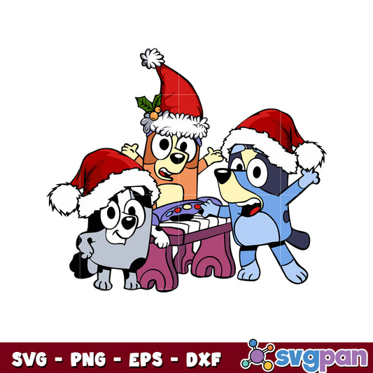 Funny bluey piano christmas friends svg, bluey christmas hat svg