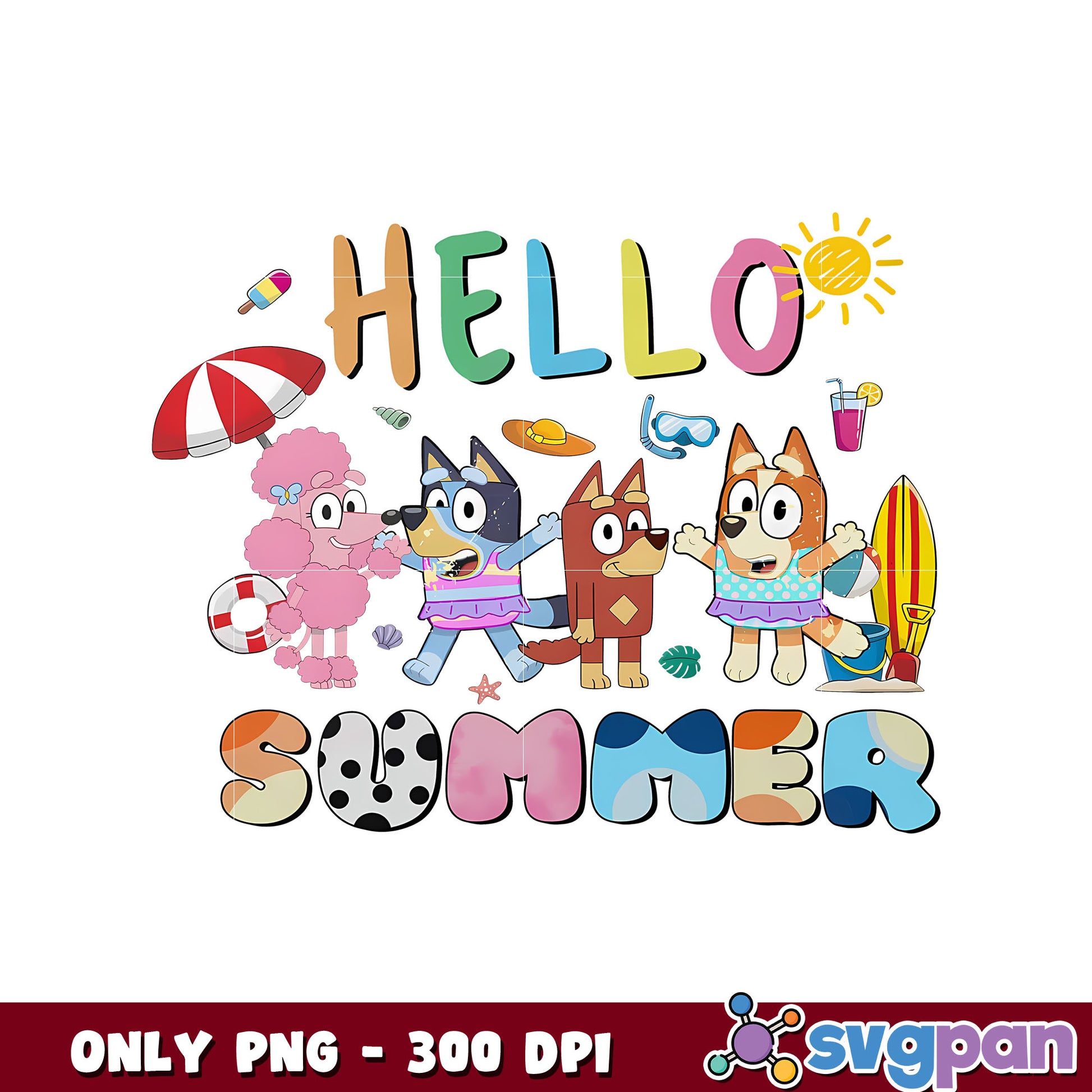 Funny hello summer bluey cartoon png, bluey and friends png