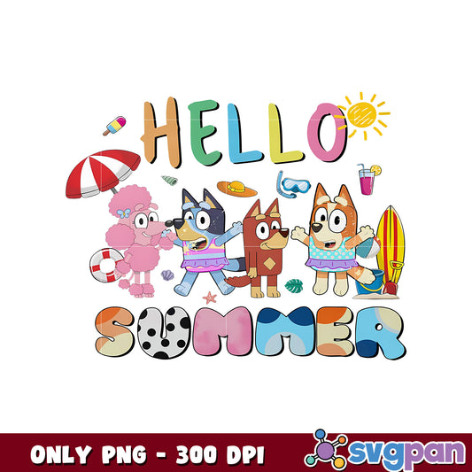 Funny hello summer bluey cartoon png, bluey and friends png