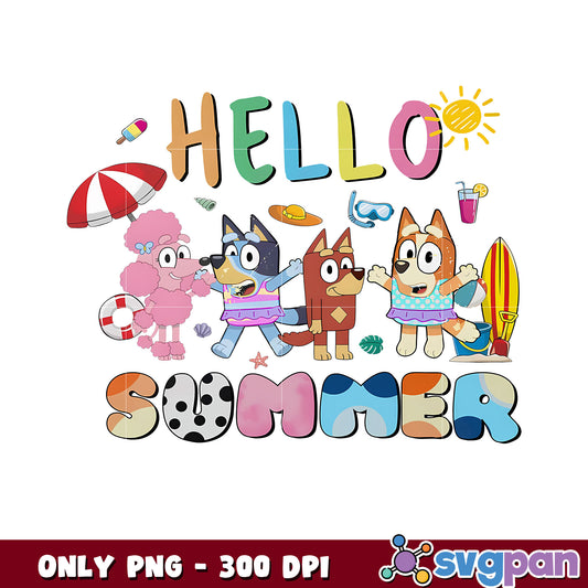 Funny hello summer bluey trip design png, bluey and friends png