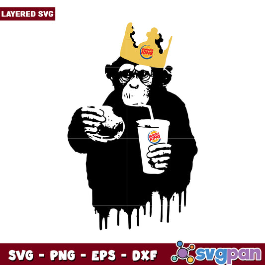 Funny monkey with crown, enjoying fast food drink and meal