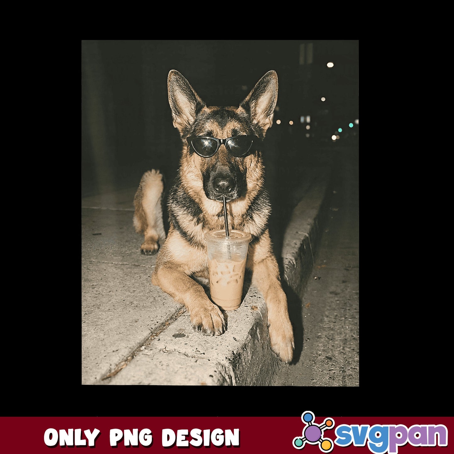 German Shepherd With Sunglasses Iced Coffee PNG, Cool Dog PNG, Funny Dog PNG