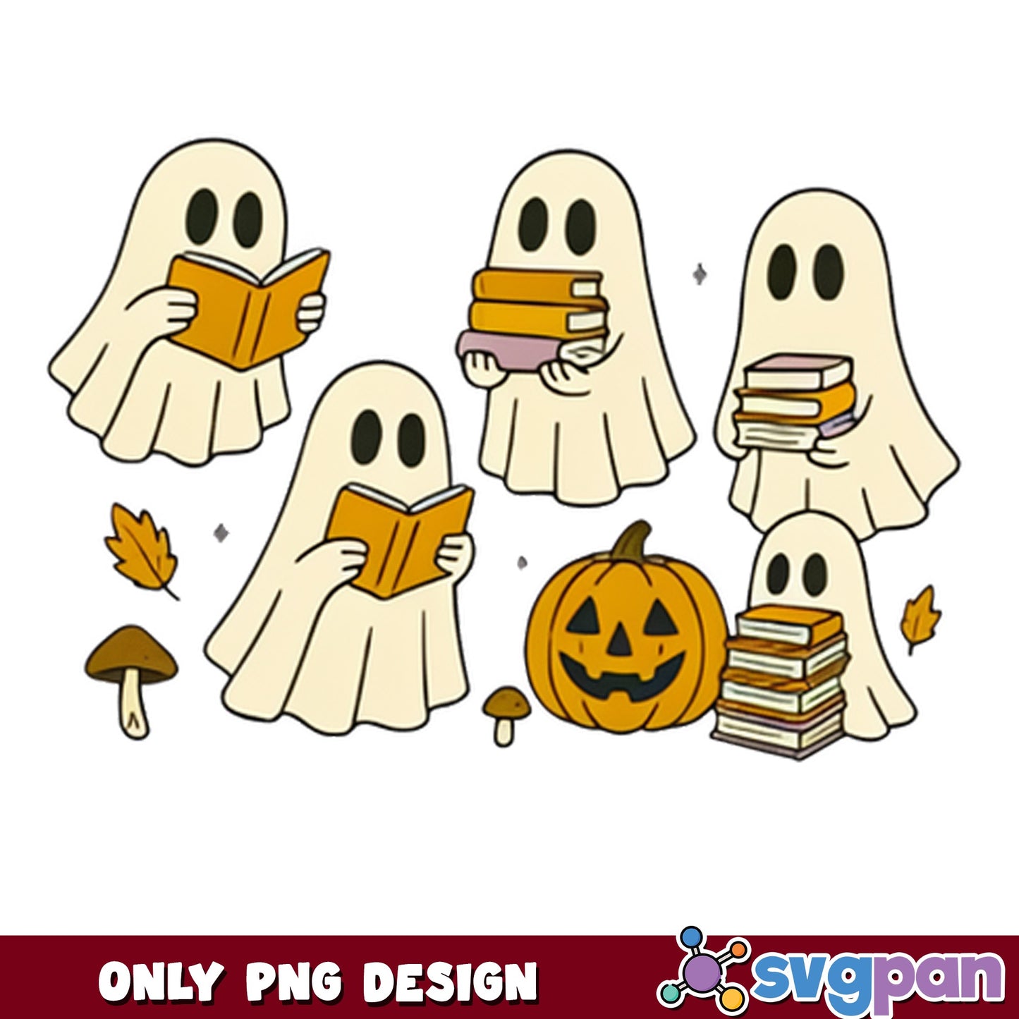Ghost Reading Books Halloween PNG, Cute Ghost Bookish PNG, Spooky Season PNG