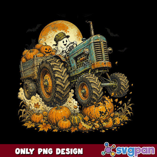 Ghost Riding Tractor Halloween PNG, Pumpkin Farm PNG, Spooky Fall PNG