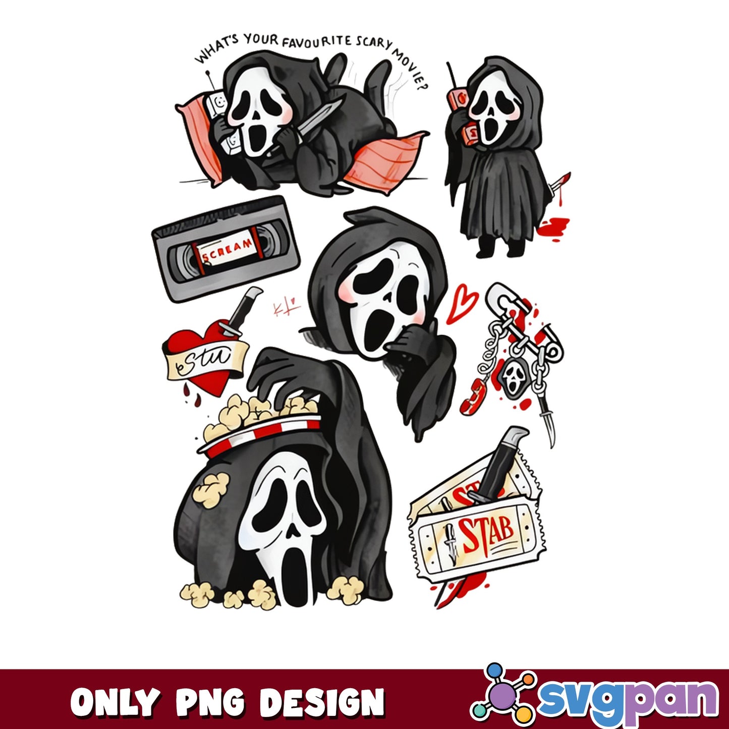 Ghostface Scream Movie PNG Bundle, Horror Halloween PNG, Scary Movie PNG