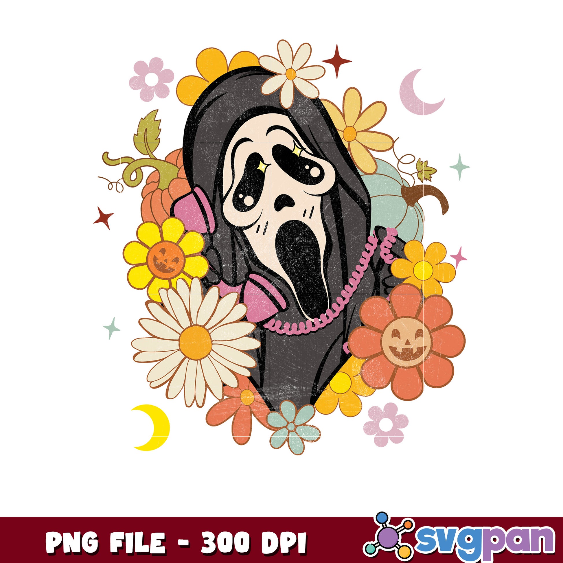 Ghost face  flowers design png, halloween png, halloween holiday png