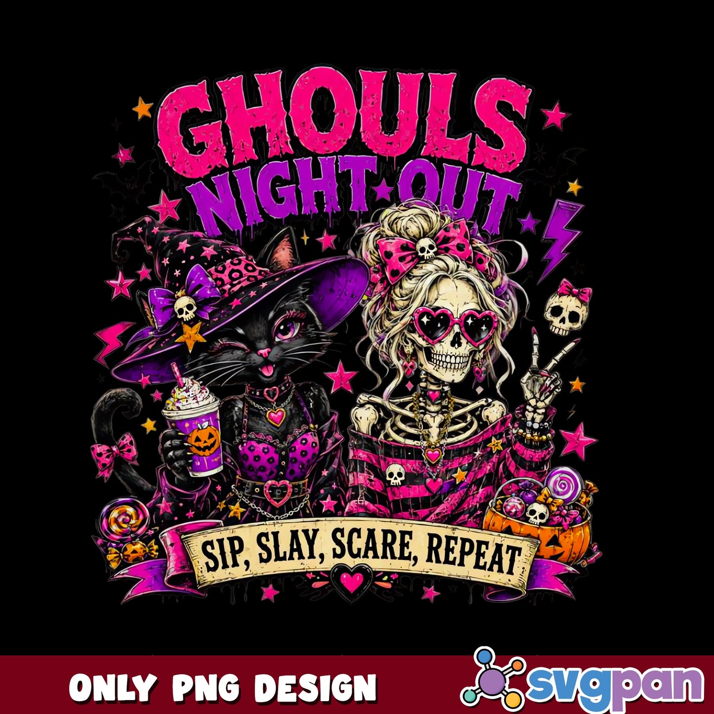 Ghouls Night Out Halloween PNG, Skeleton Witch PNG, Sip Slay Scare PNG