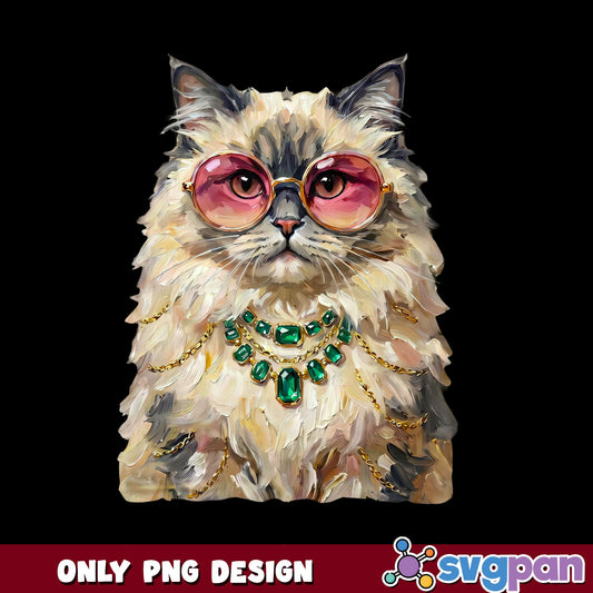 Glamorous Persian Cat PNG, Fluffy Cat With Jewelry Design, Retro Cat PNG