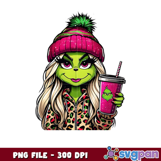 Glitter Girl Grinch Cute Coffee png, mr grinch png, christmas season png