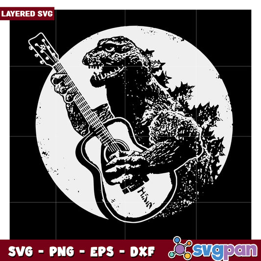 Godzilla Playing Guitar SVG, Layered Design for Crafting Projects