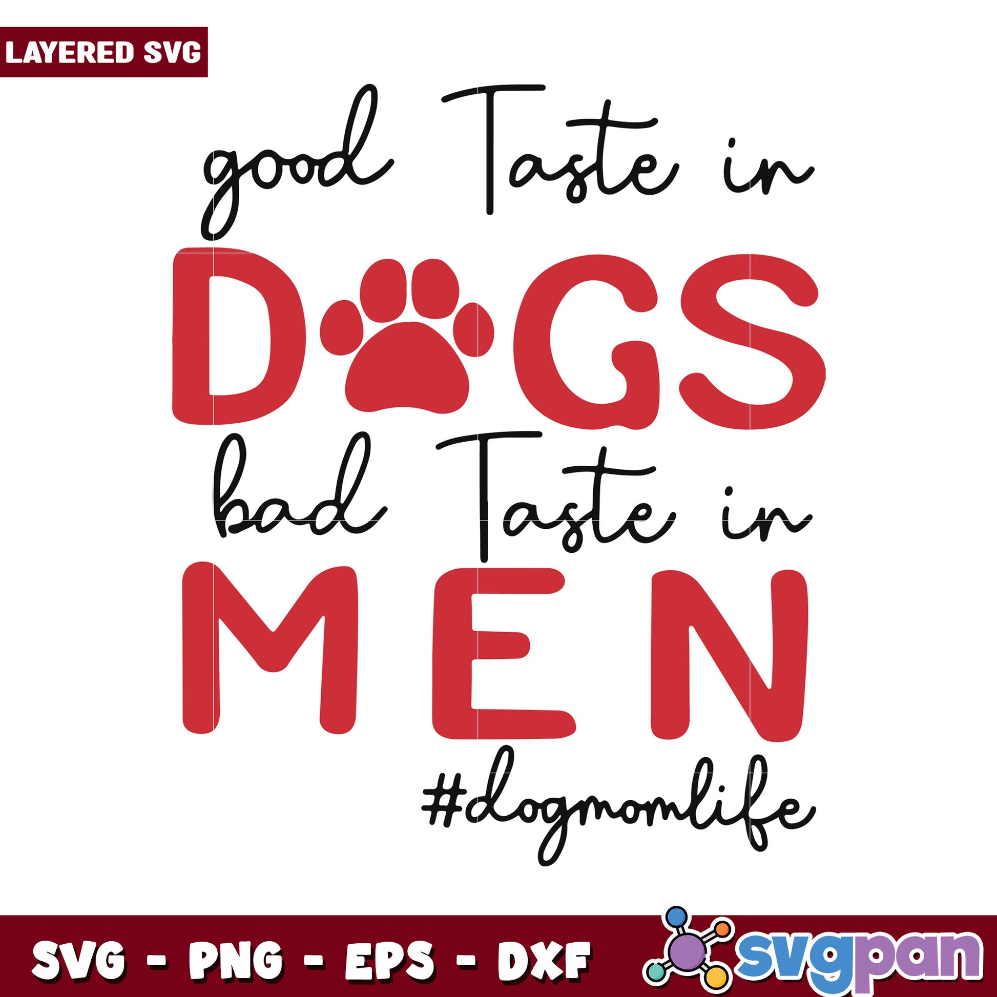 Good Taste in Dogs, Bad Taste in Men SVG Design for Dog Lovers